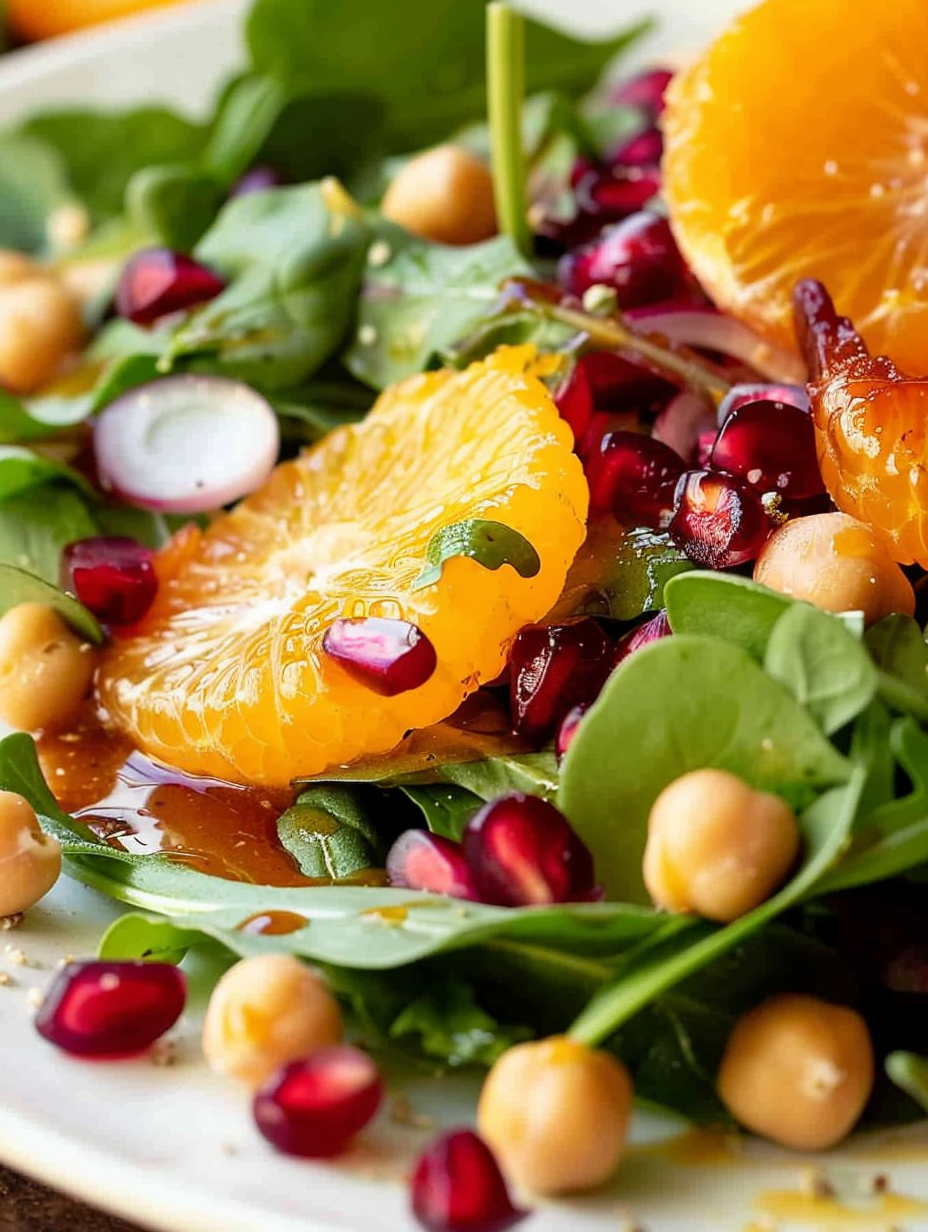 Close-up of fall salad with clementines and pomegranate