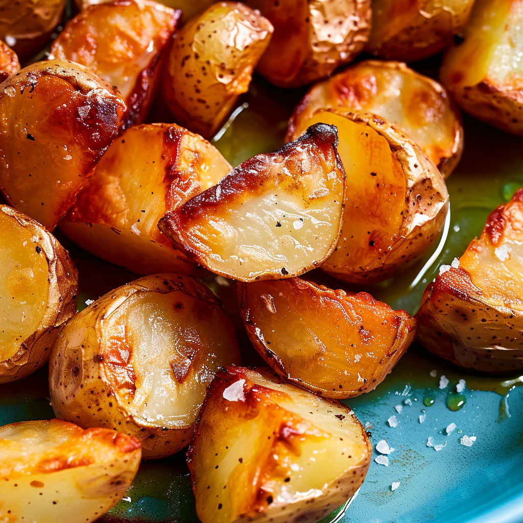 Crispy roasted potatoes in a rimmed baking sheet, golden and crunchy