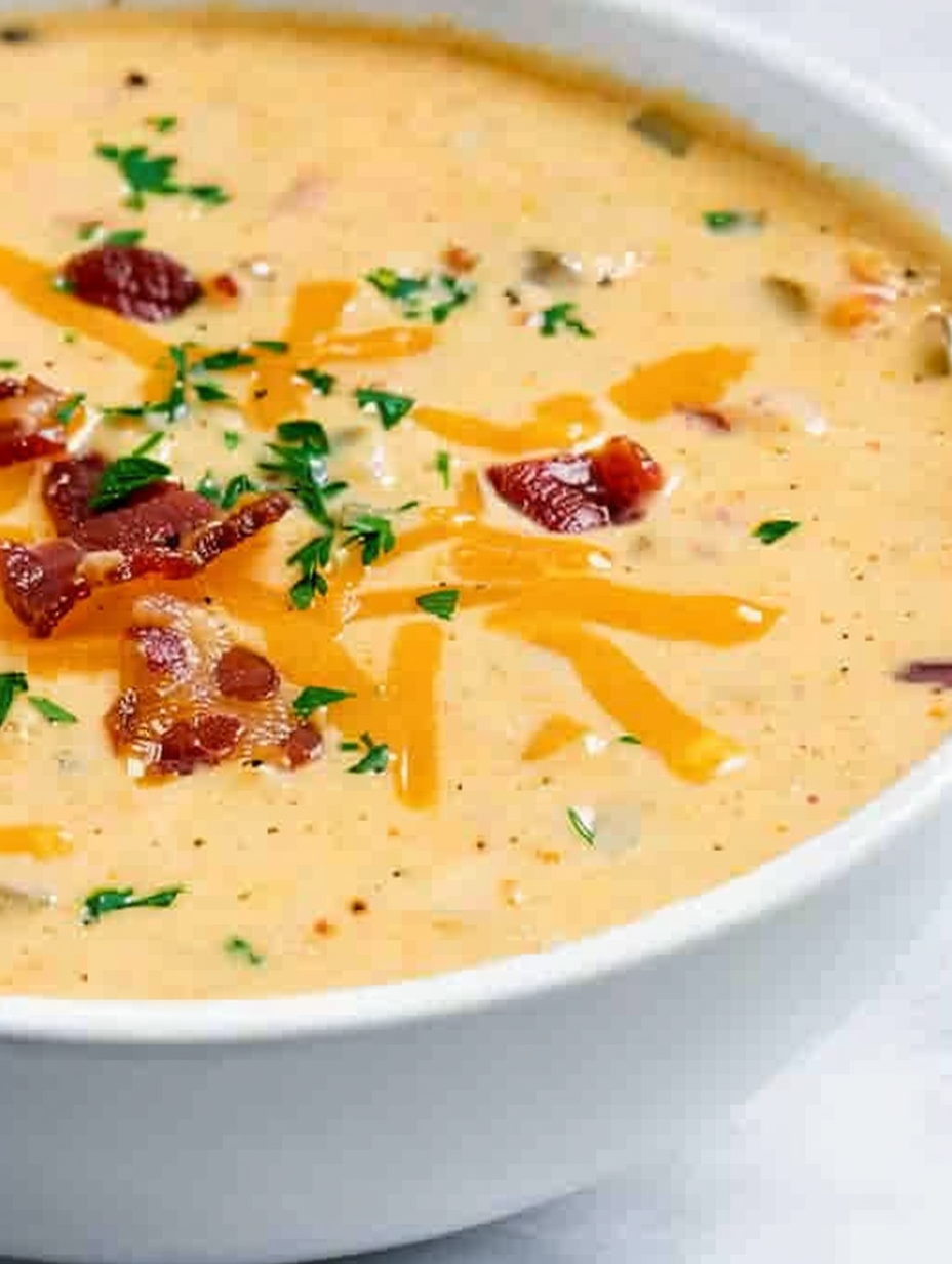 Bacon and beer cheese soup in bowls with garnish