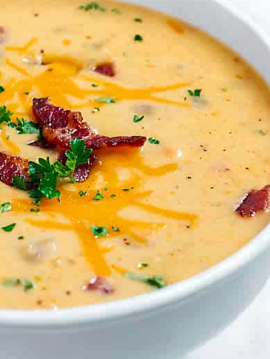 Creamy bacon and beer cheese soup with parsley