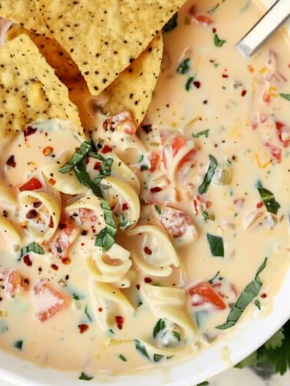 bowl of creamy tomato pasta soup with basil
