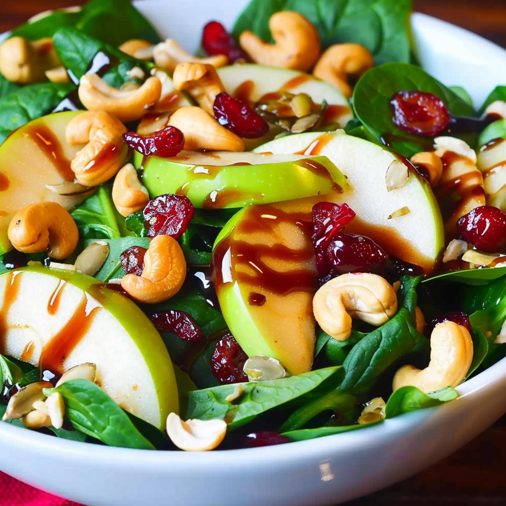 Apple Cranberry Spinach Cashew Salad with Balsamic Vinaigrette