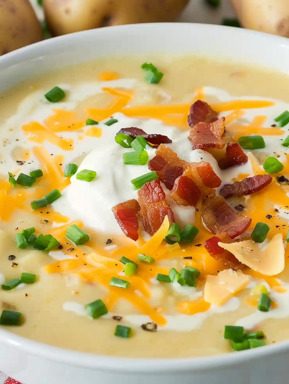 Creamy loaded baked potato soup in a bowl garnished with cheddar and chives