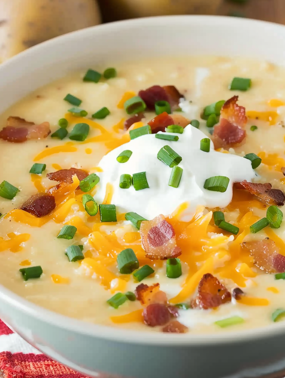 Serving suggestion with soup bowls, bacon and chives