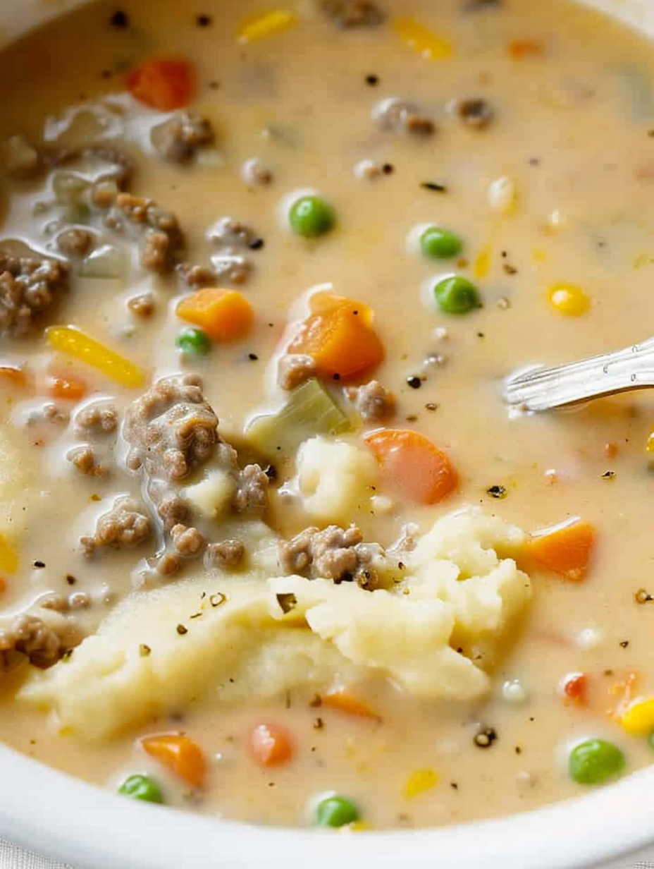 Close up of creamy shepherds pie soup with vegetables