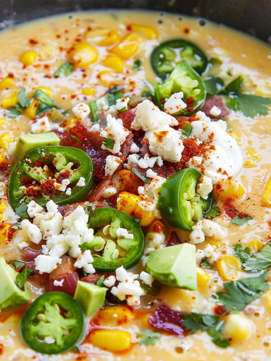 Bowl of Mexican street corn soup topped with cotija and cilantro