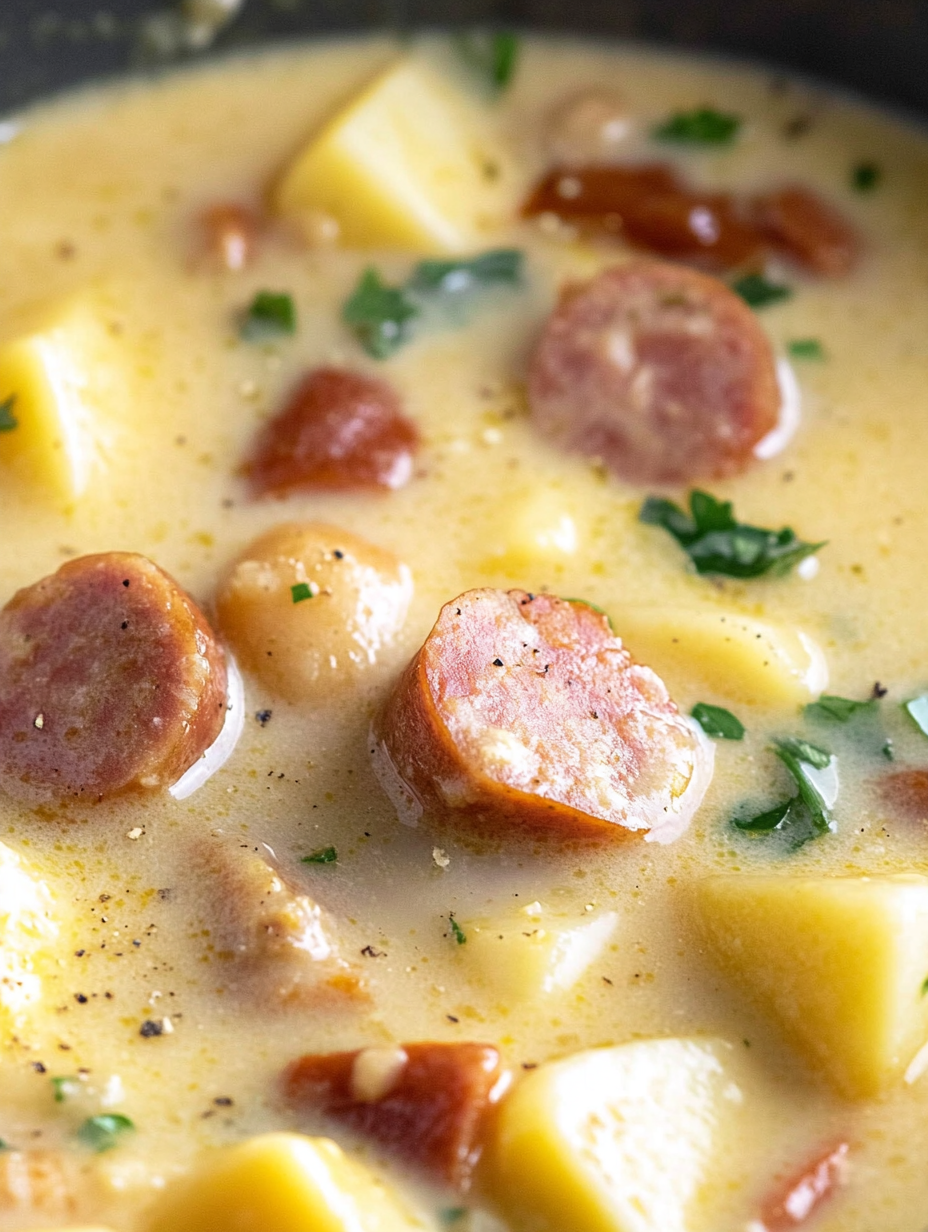 Bowl of kielbasa potato soup with parsley