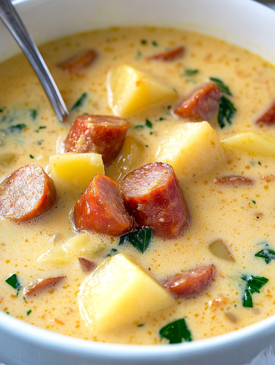 Kielbasa pieces browning in a pot