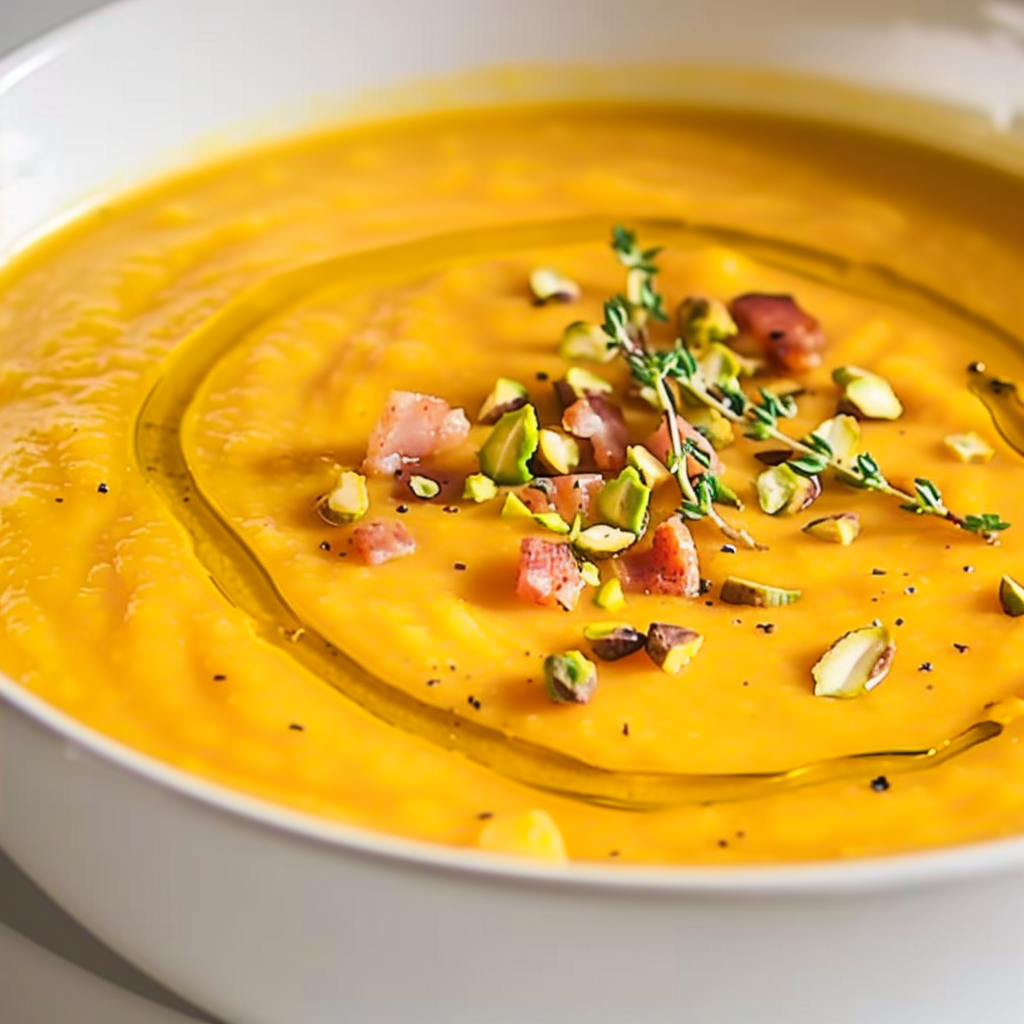 Roasted Butternut Squash Soup with Bacon, Pistachios & Chili Oil