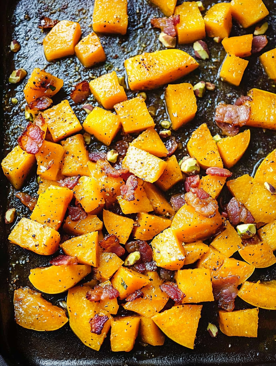Roasted butternut squash and bacon on baking tray
