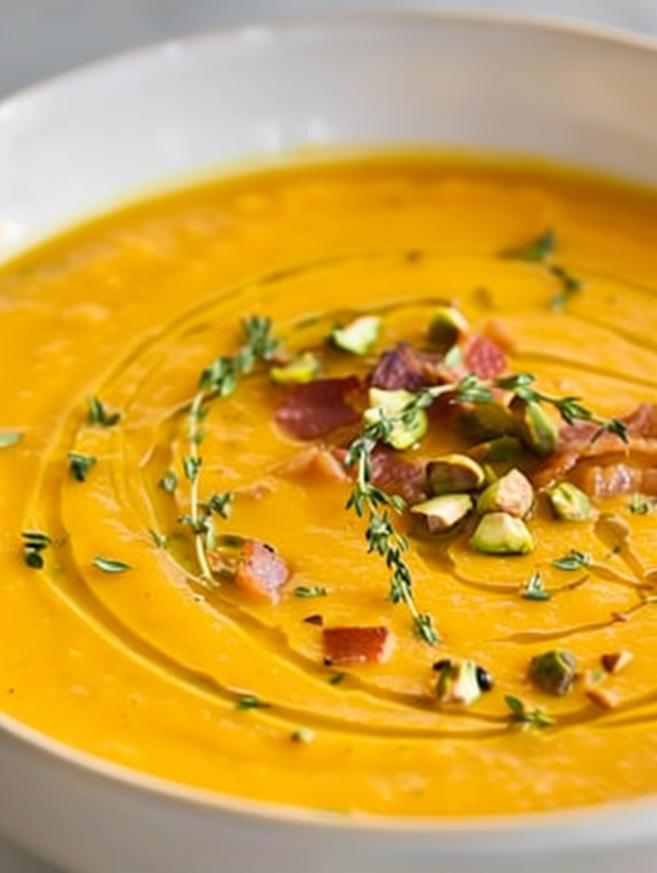 Bowl of creamy squash soup garnished with pistachios and chili oil