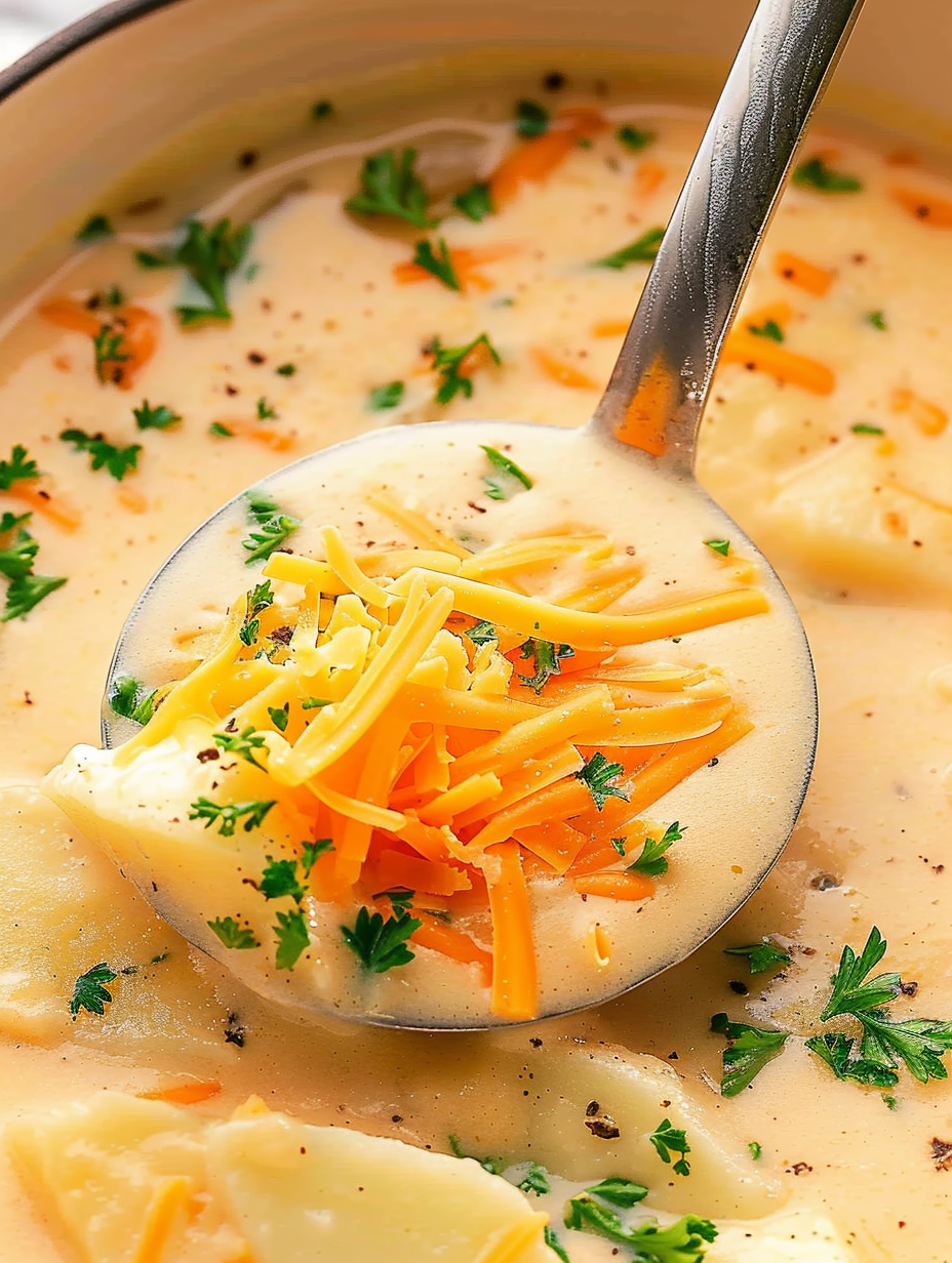 Creamy cheesy potato soup in a bowl garnished with cheese and chives