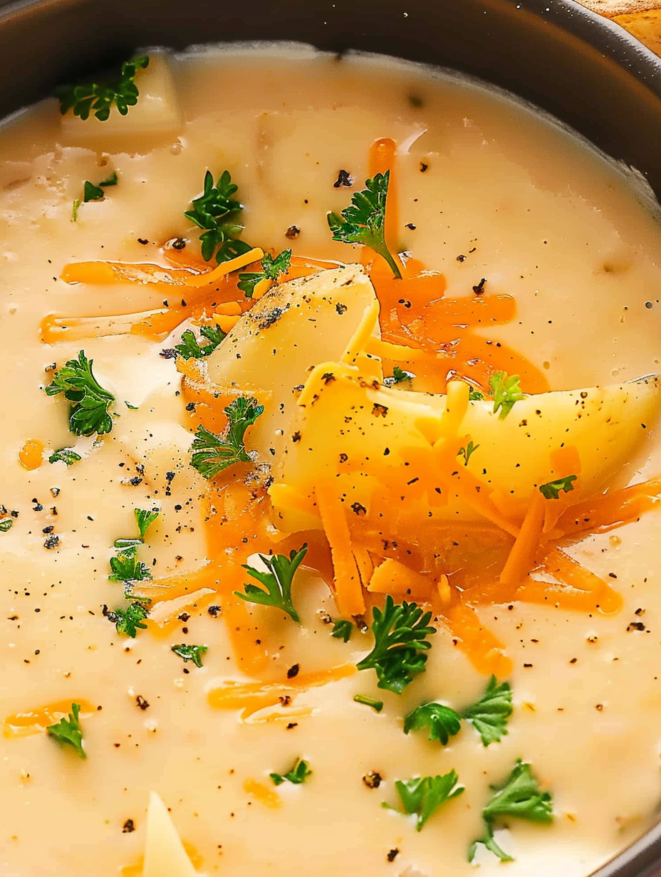 Ladle pouring cheesy potato soup into a bowl with garnish