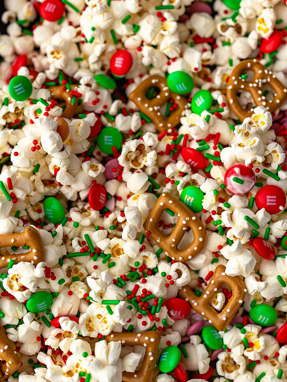 Christmas popcorn spread on parchment with pretzels and M&Ms