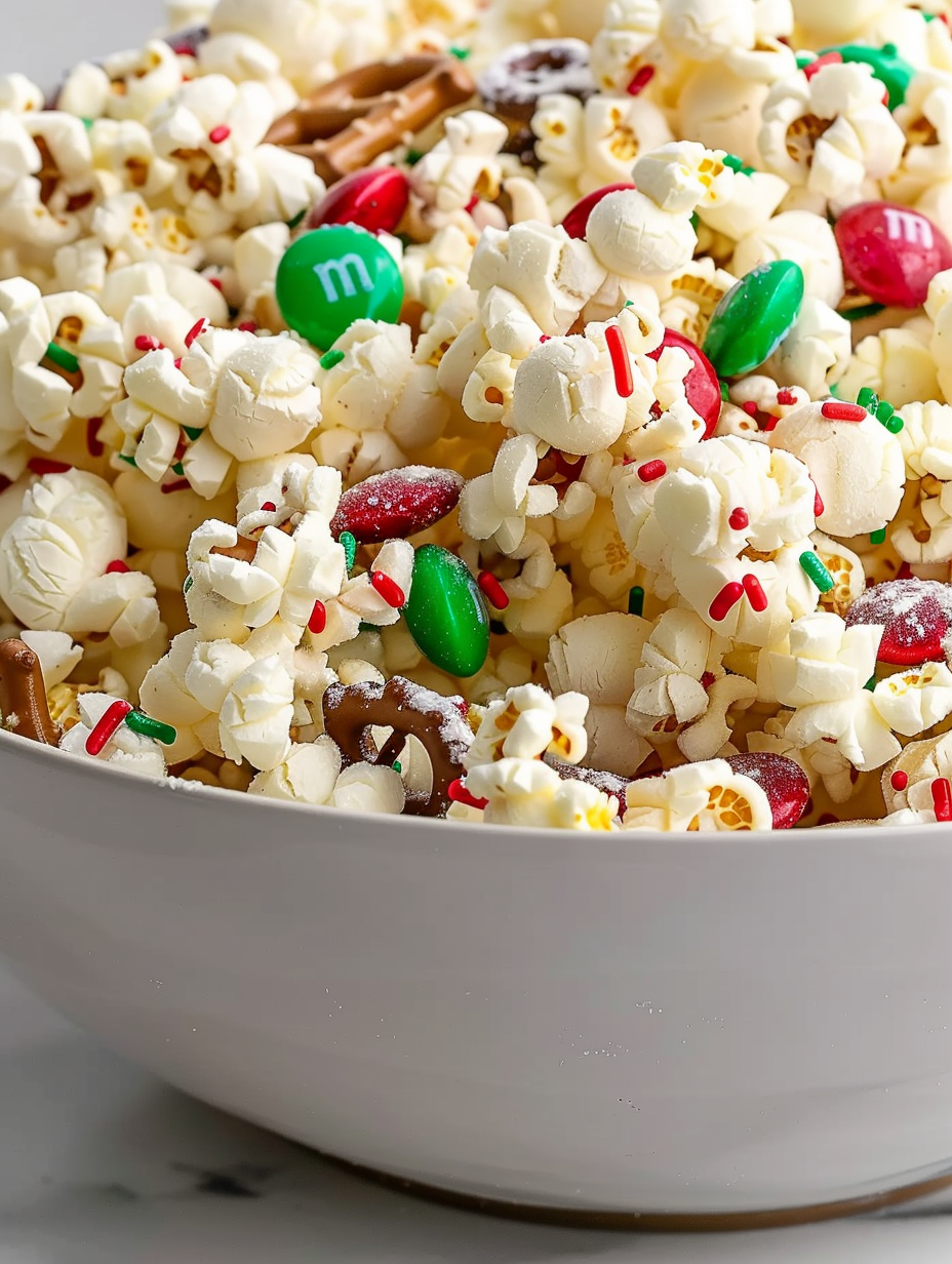 Close up of Christmas popcorn clusters with colorful sprinkles