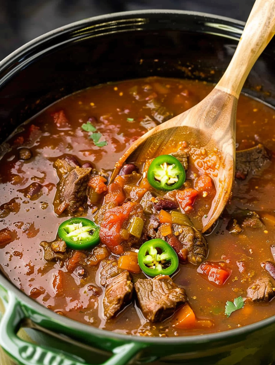 Slow cooker of Texas chili with chunks of beef