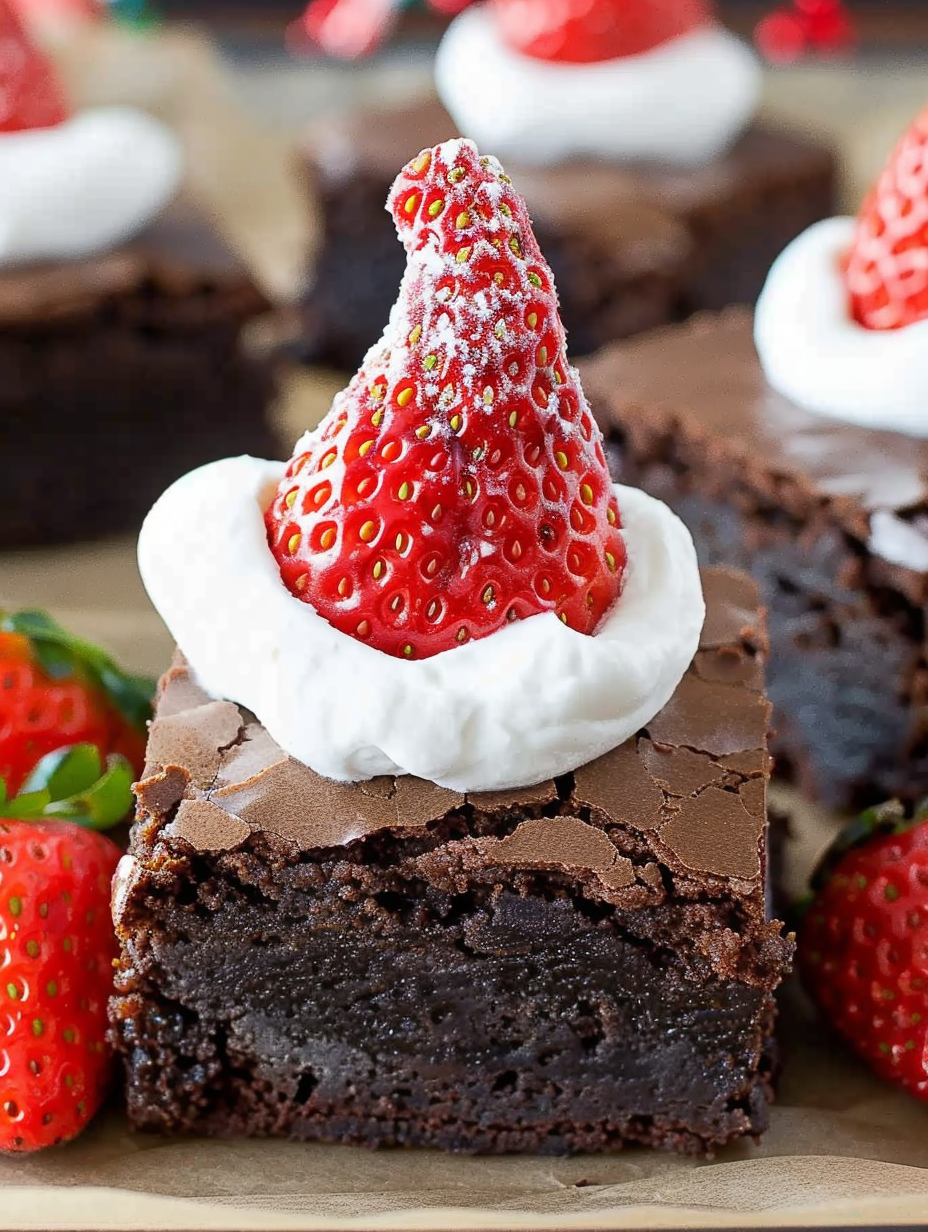 Santa hat brownies plated for a party
