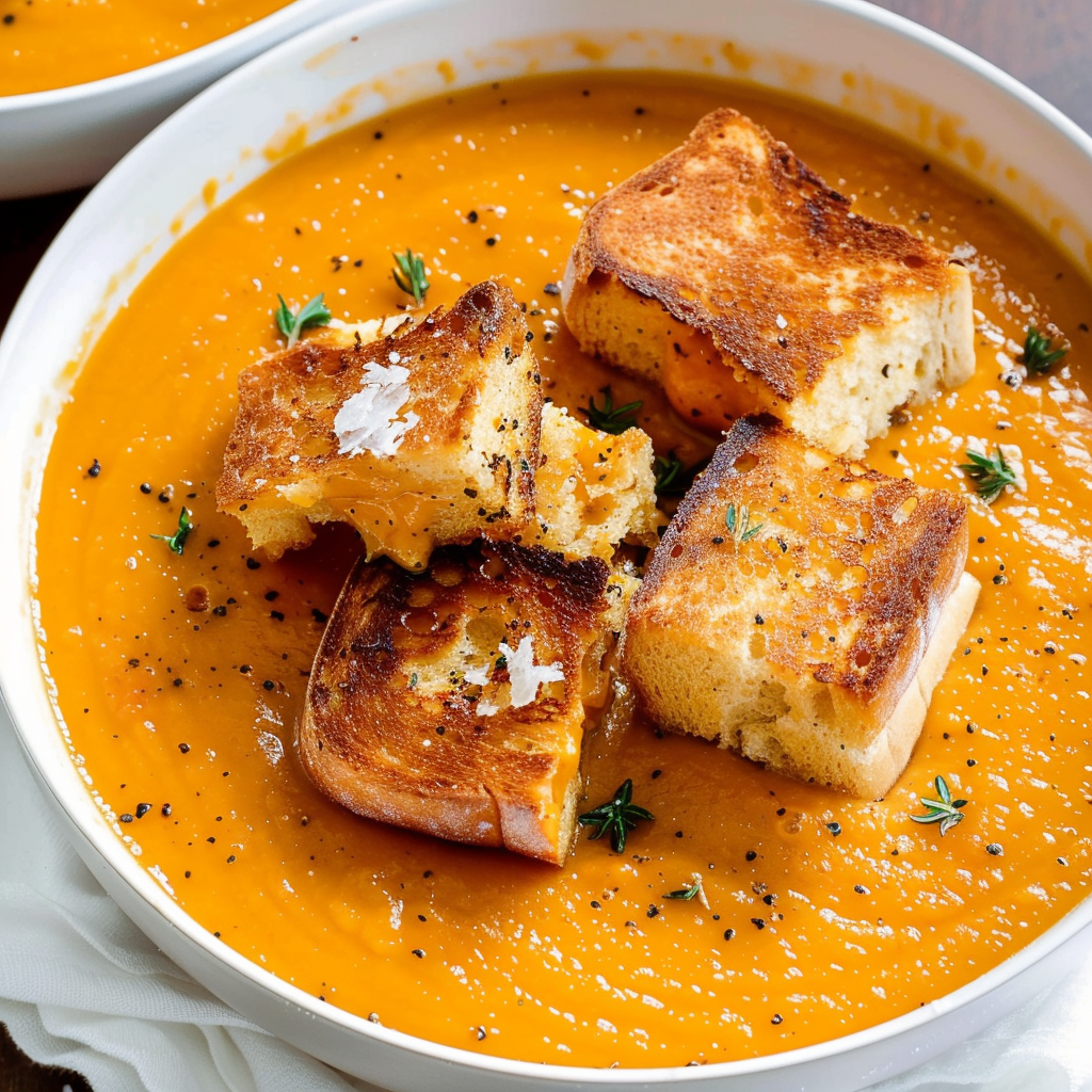 Spicy Pumpkin Soup with Grilled Cheese Croutons