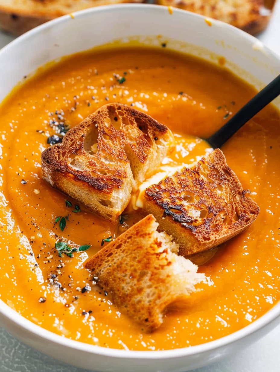 Spicy pumpkin soup with grilled cheese croutons