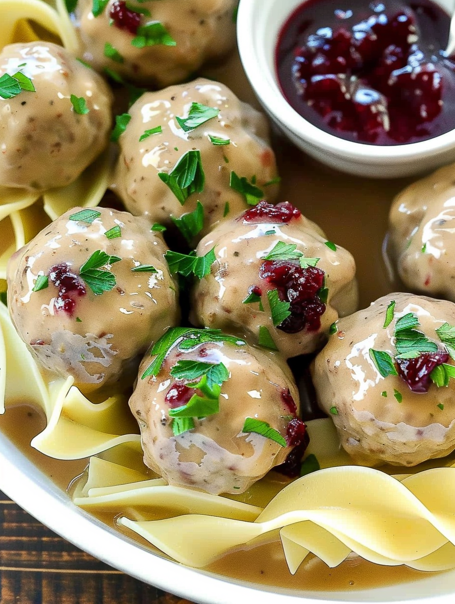 Creamy Swedish meatball sauce over noodles
