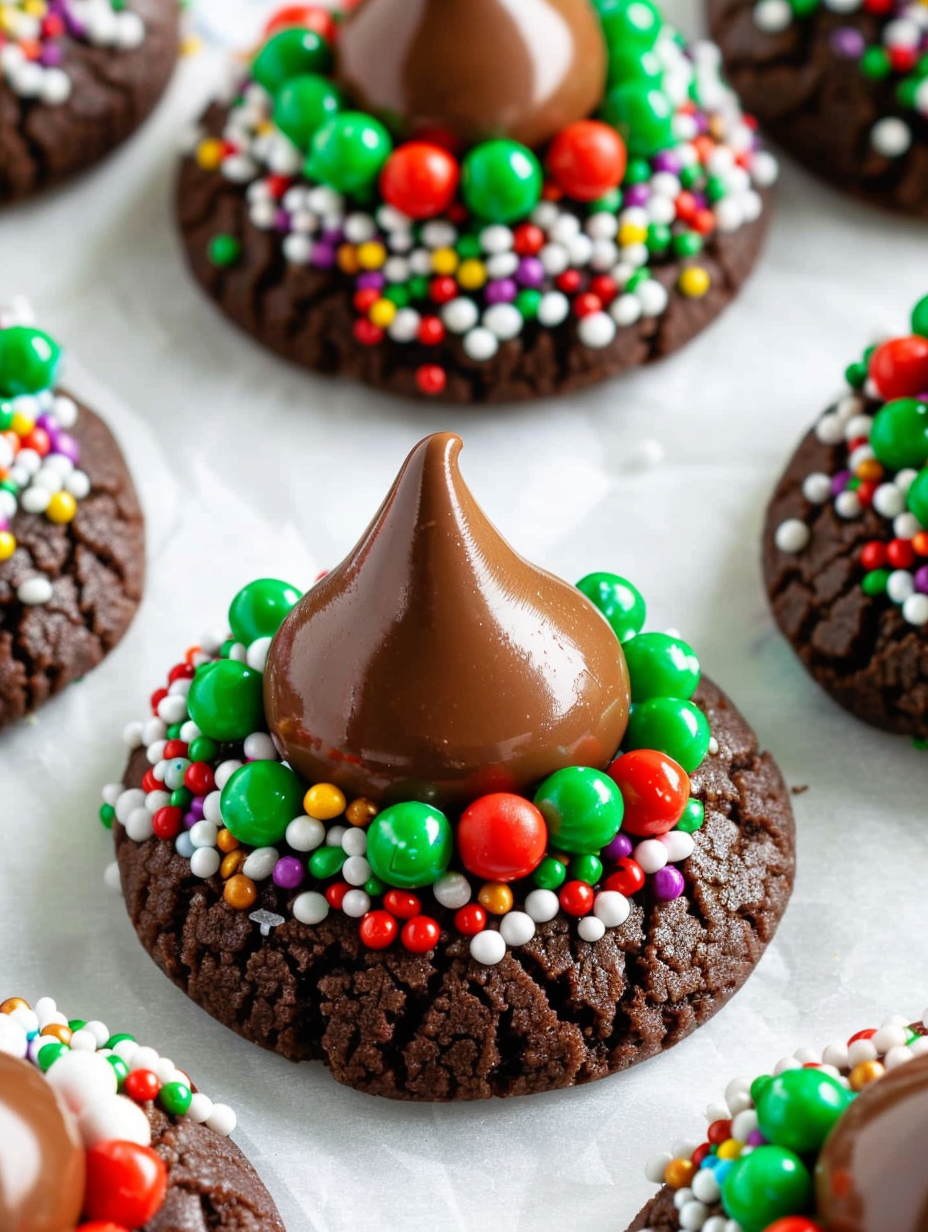 Tray of chocolate kiss cookies with sprinkles