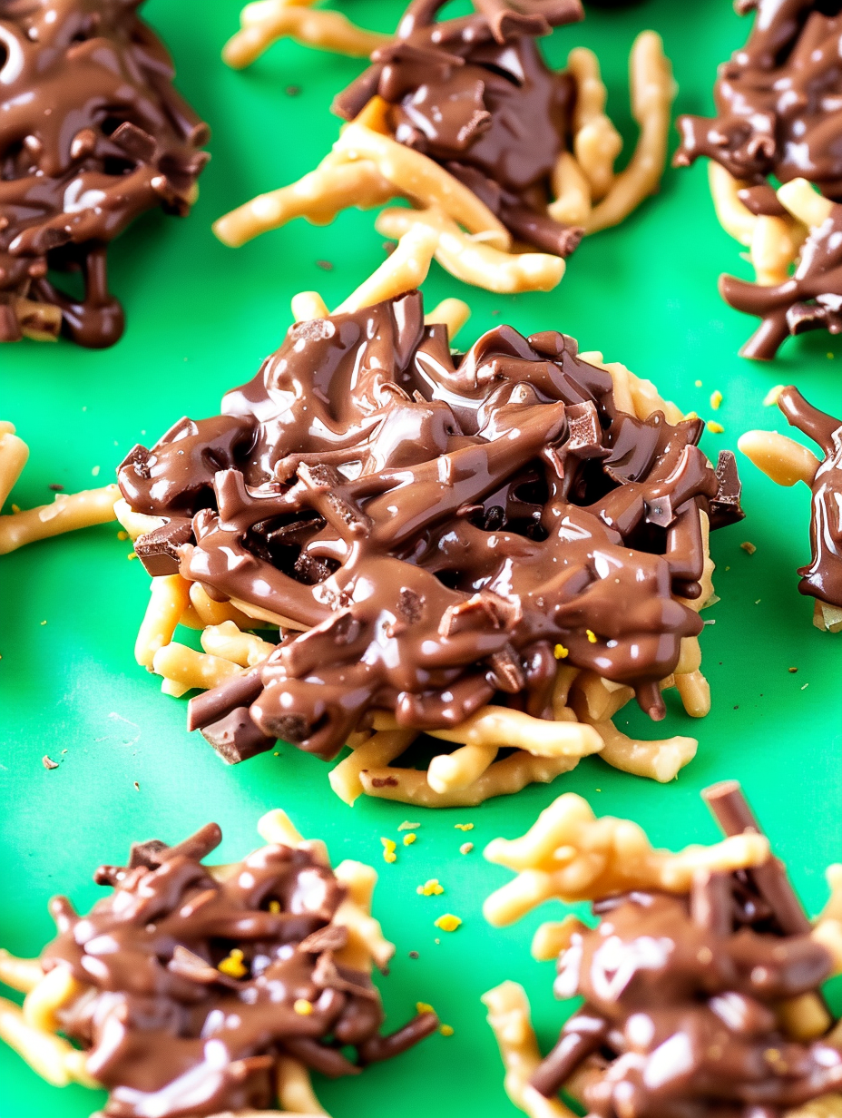 Tray of chocolate haystack clusters cooling on parchment paper