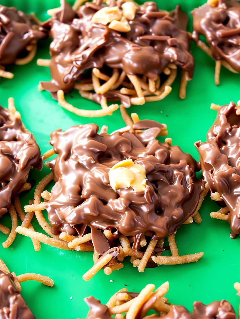 Close-up of a single haystack cookie showing glossy chocolate and noodle crunch
