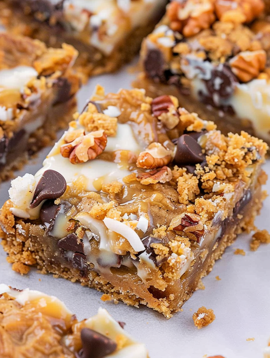 Close up of layered toppings on magic bars before baking