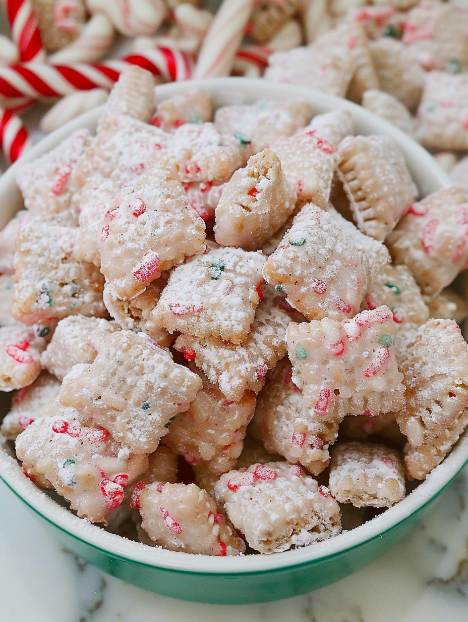 tray of finished muddy buddies with sprinkles