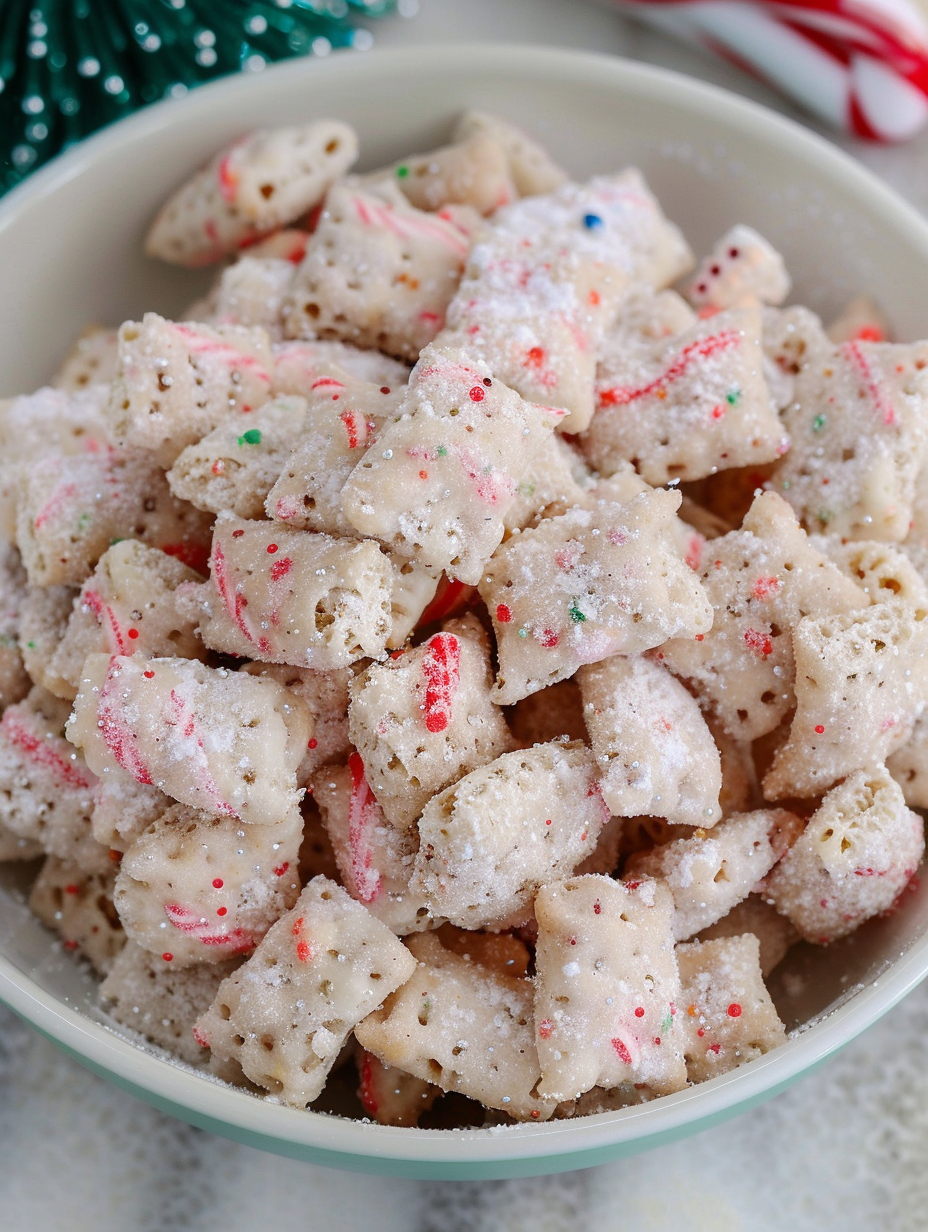 close-up of peppermint coated cereal mix