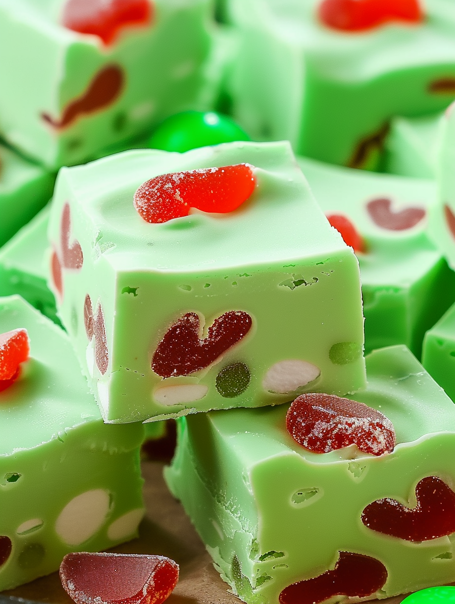 Grinch Fudge close-up with red gumdrops on top