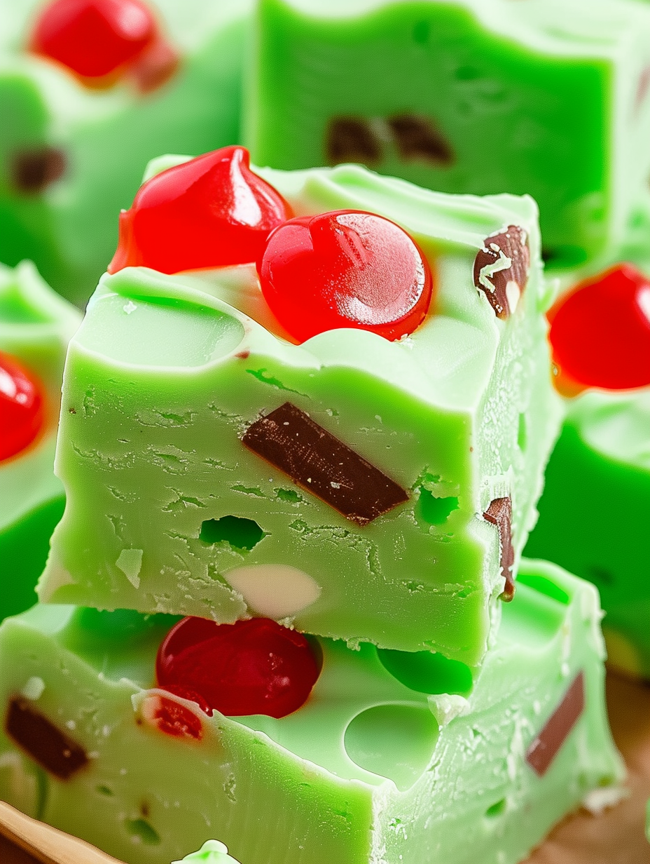 Tray of sliced Grinch Fudge with festive background