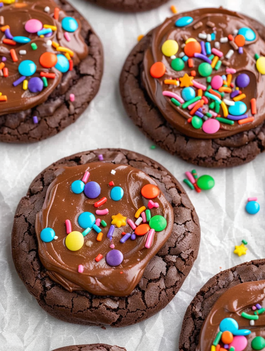 Cosmic brownie mix cookies on a cooling rack with sprinkles