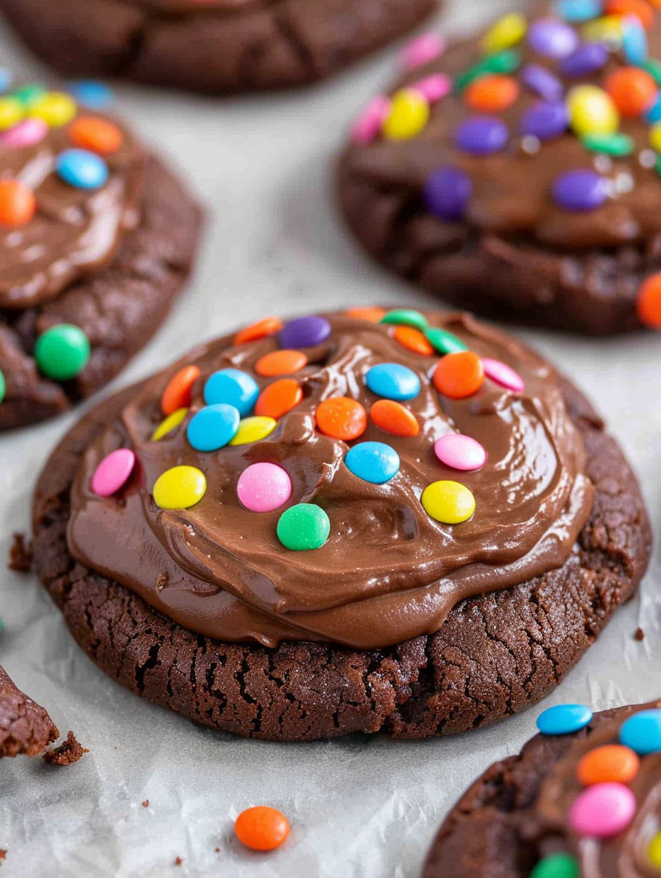 Close up of a frosted cosmic brownie cookie with rainbow sprinkles