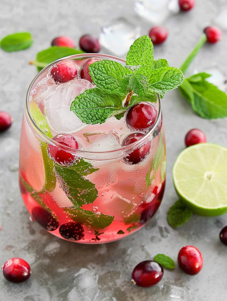 Holiday cranberry mojito in a glass with mint and cranberries
