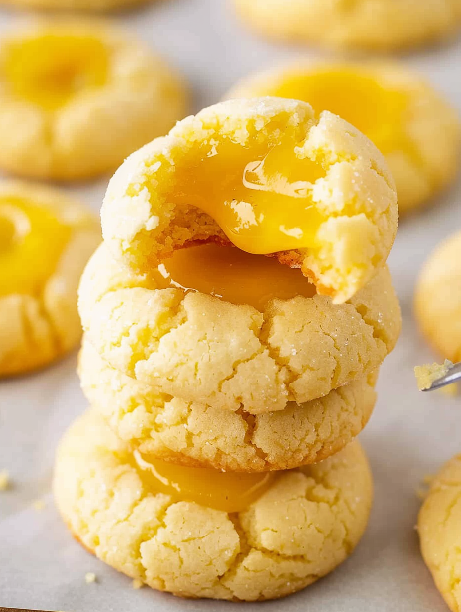 Close-up of thumbprint cookie with lemon curd
