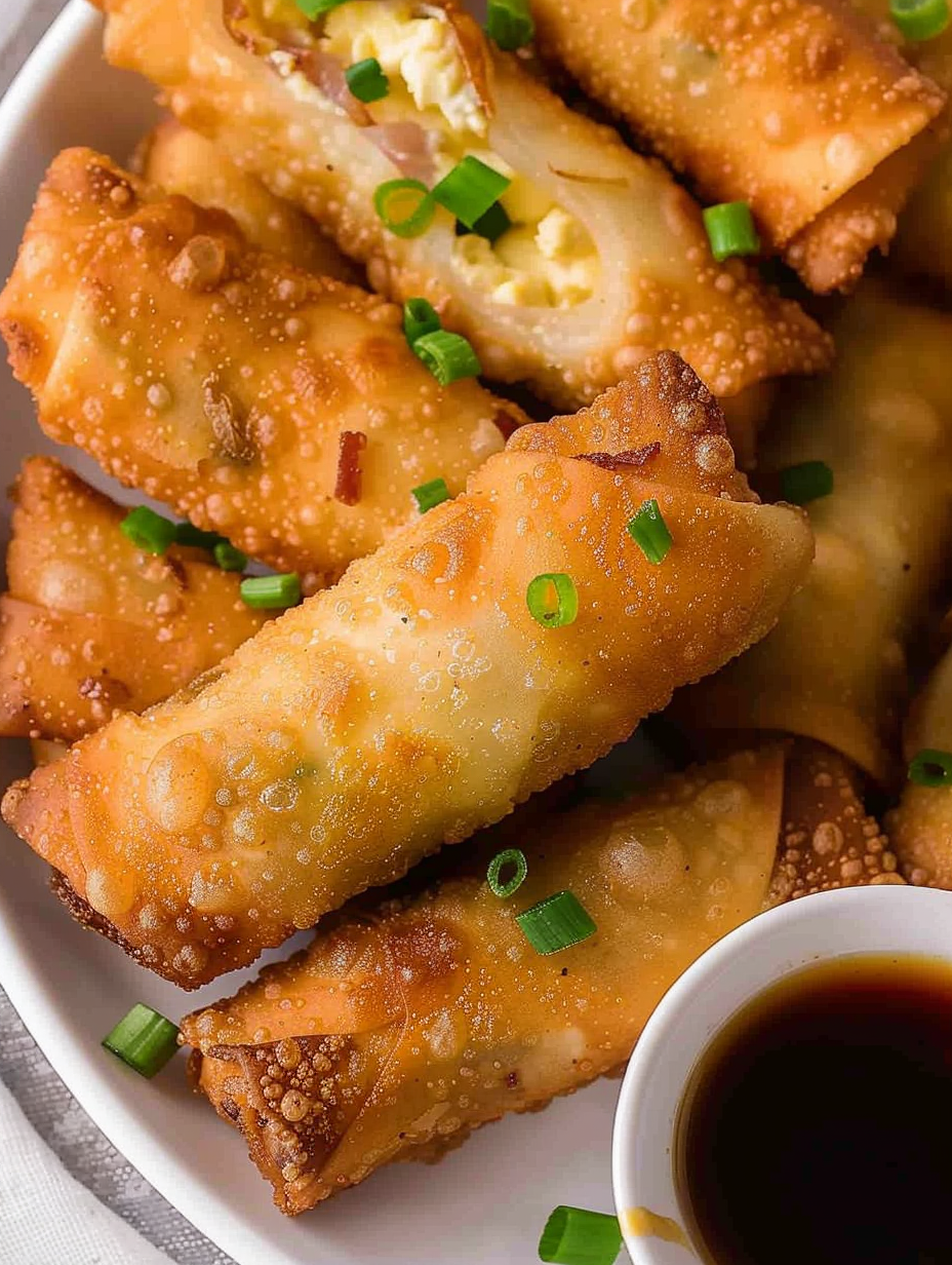 Plated breakfast egg rolls with dipping sauces