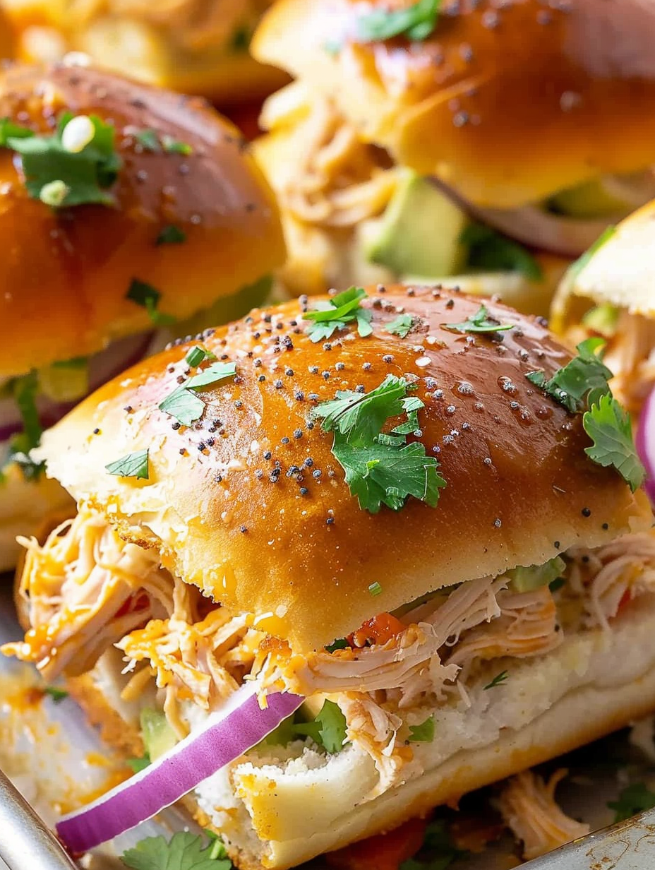 Shredded rotisserie chicken sliders in a baking dish