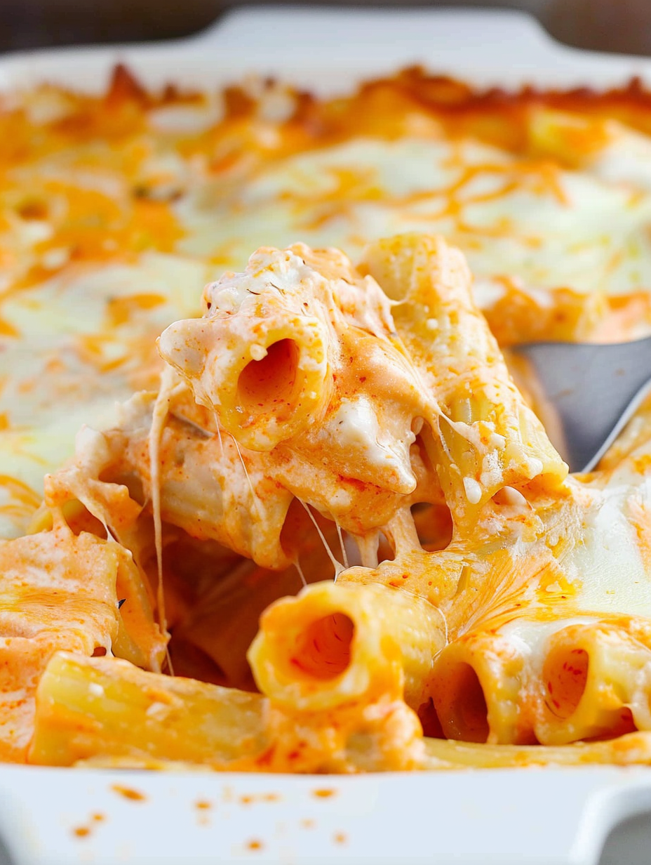 Baking dish of creamy buffalo chicken pasta, bubbling with melted cheese