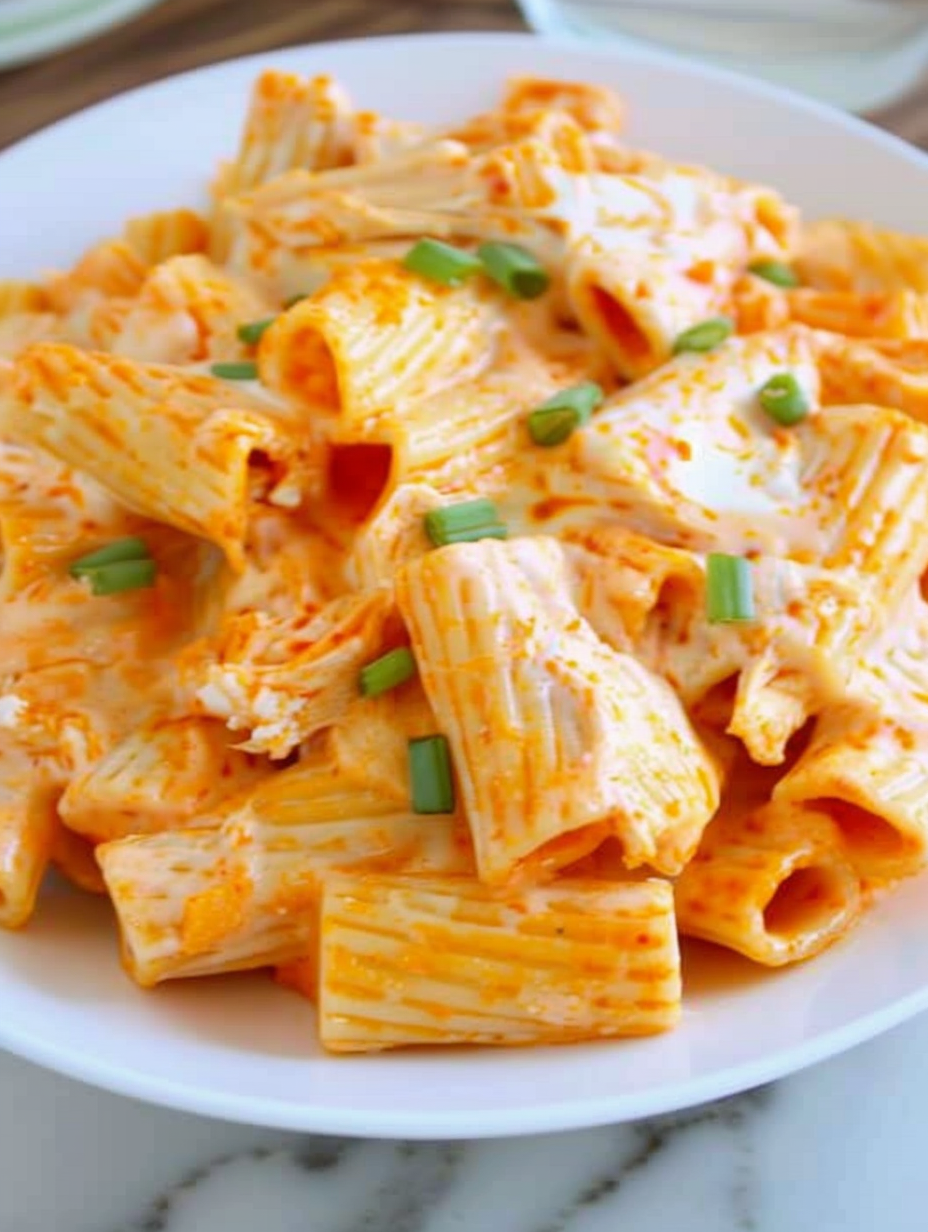 Close-up of cheesy buffalo chicken pasta with crispy edges