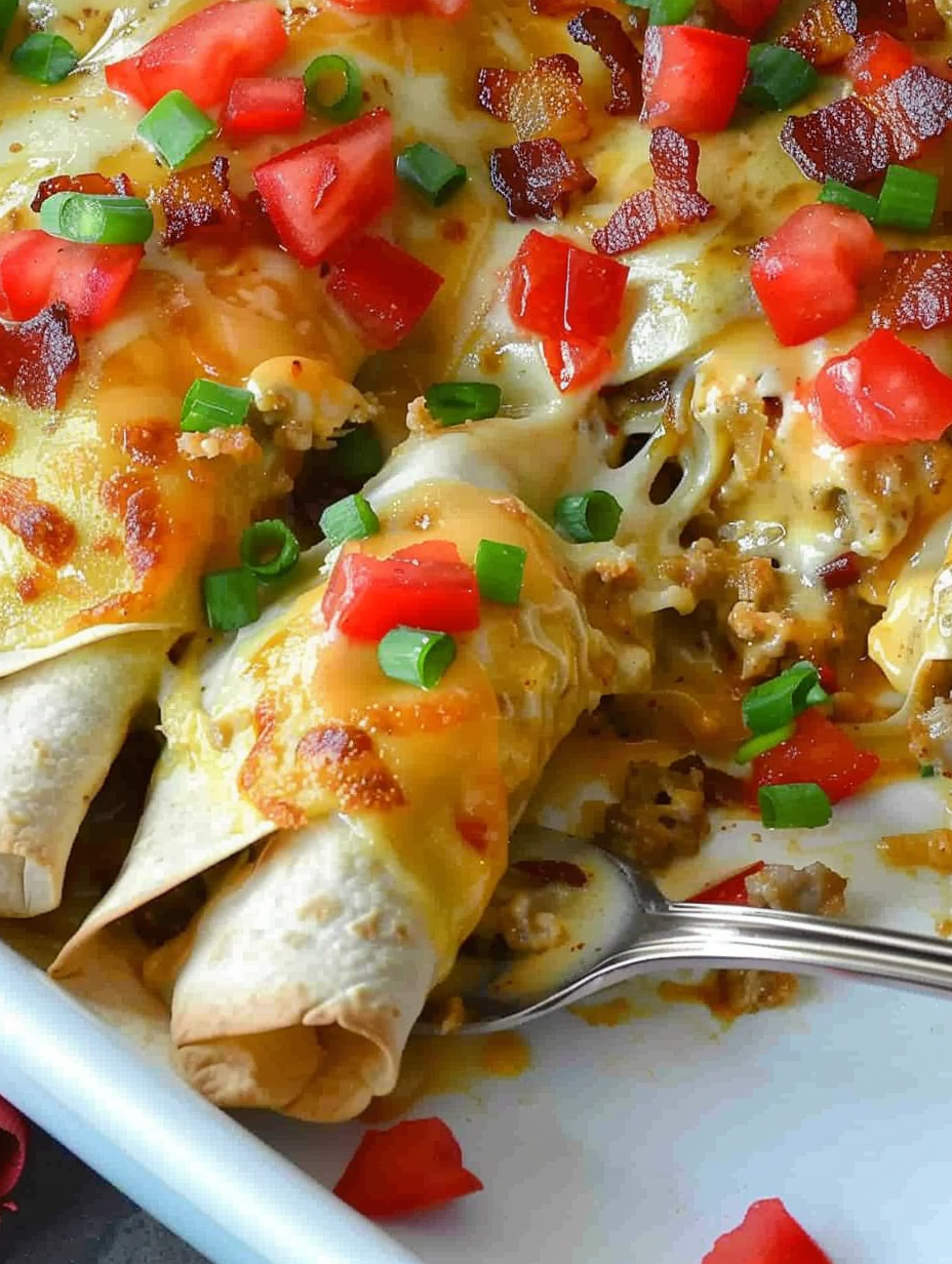 Close-up of a sliced enchilada showing melty cheese and sausage filling