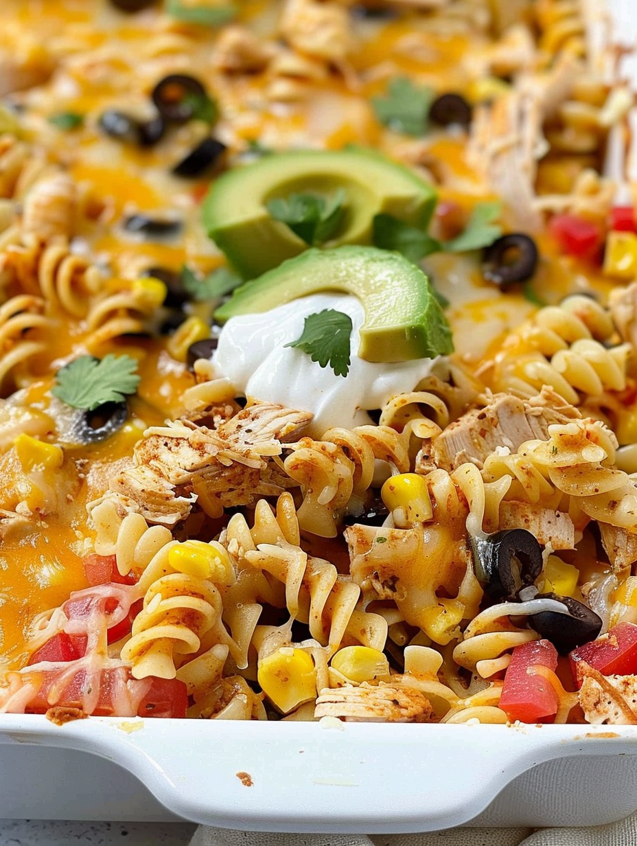 Fiesta Chicken Casserole in a 9x13 pan with melted cheese