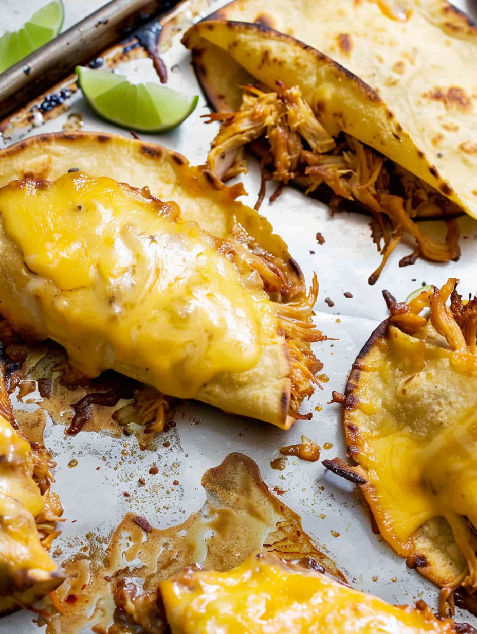 Crispy baked chicken tacos on a sheet pan