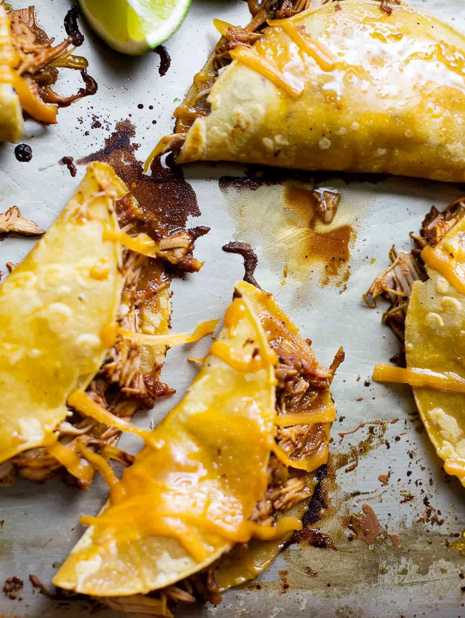 Close-up of melted cheese and shredded chicken inside a crispy tortilla