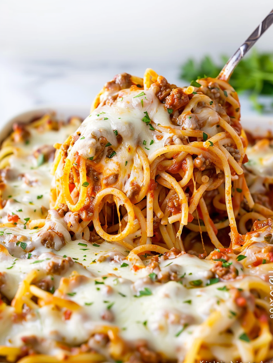 Baked spaghetti fresh from oven with golden cheese