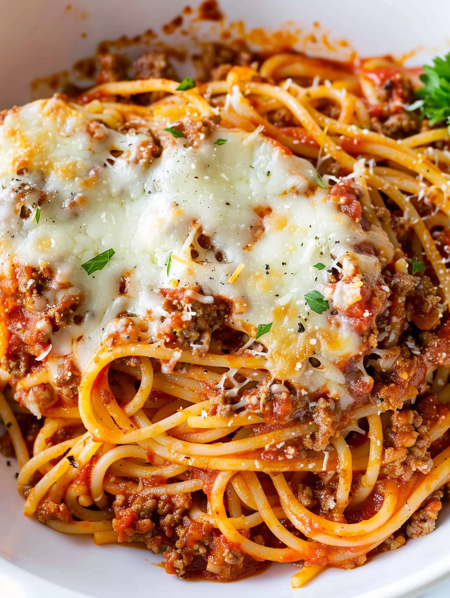 Close-up of cheesy baked spaghetti serving