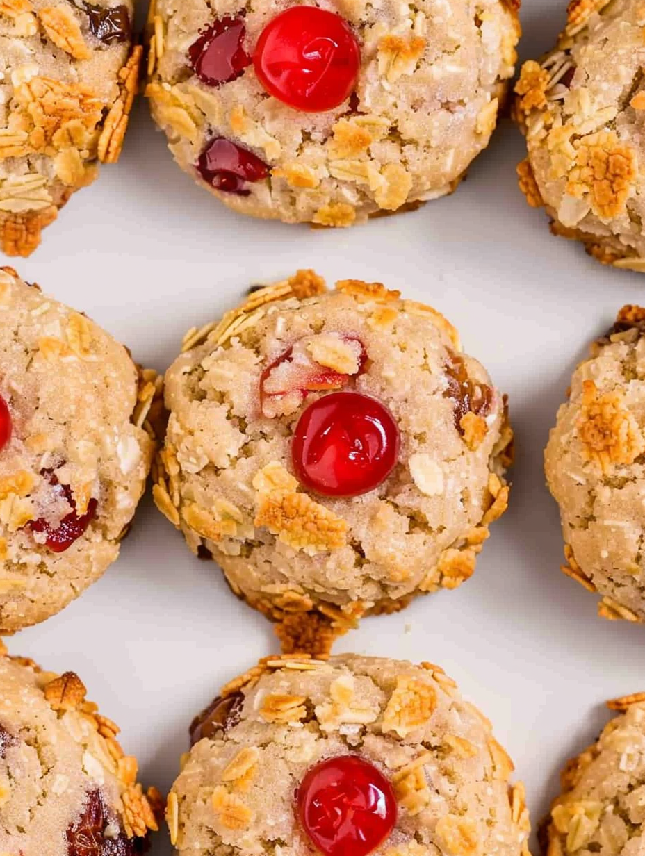 Close-up of cornflake-coated Cherry Wink Cookie