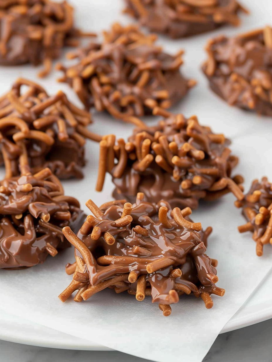 Chocolate haystack clusters on parchment paper