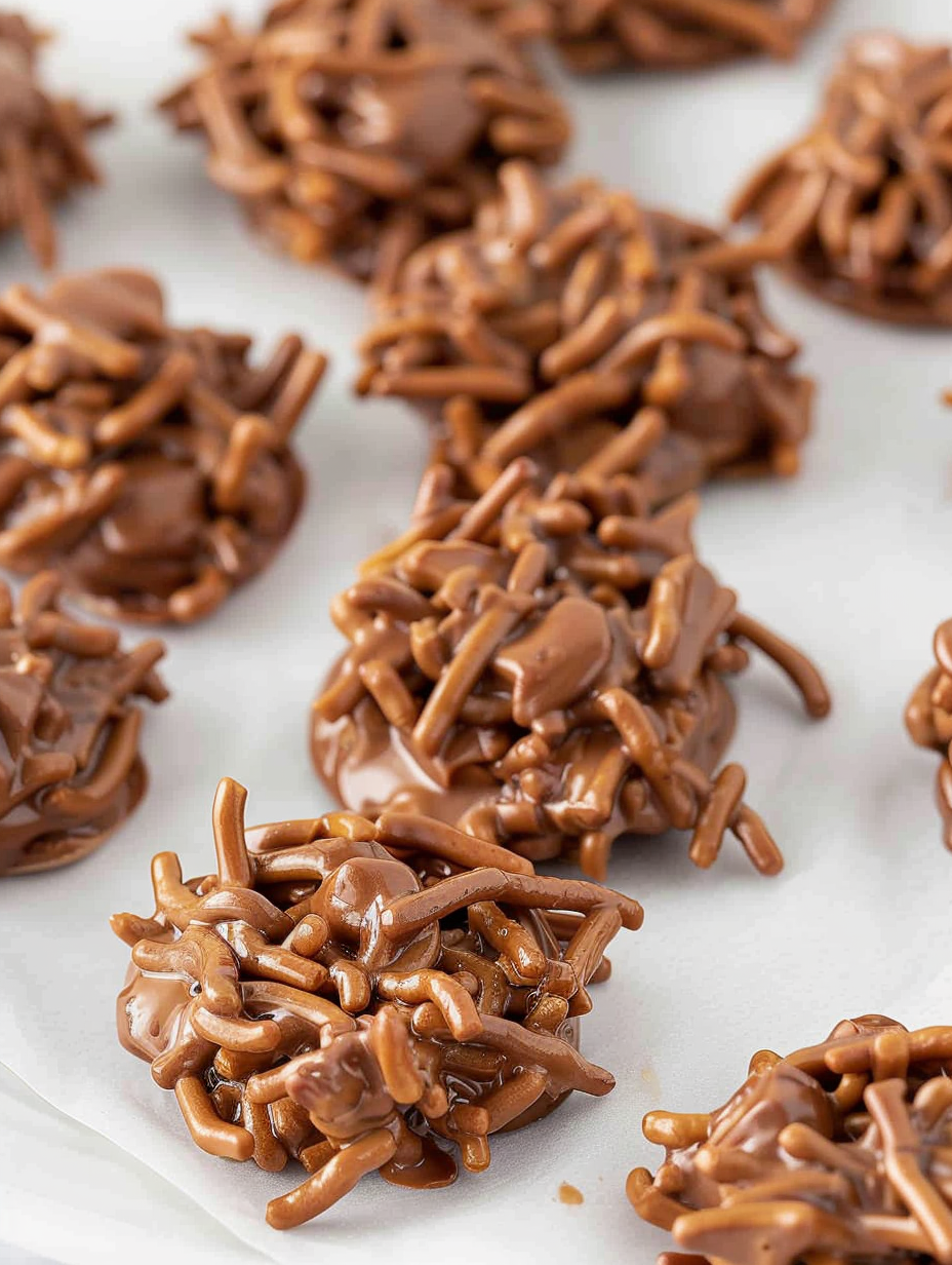 Close up of glossy chocolate coating over crunchy noodles