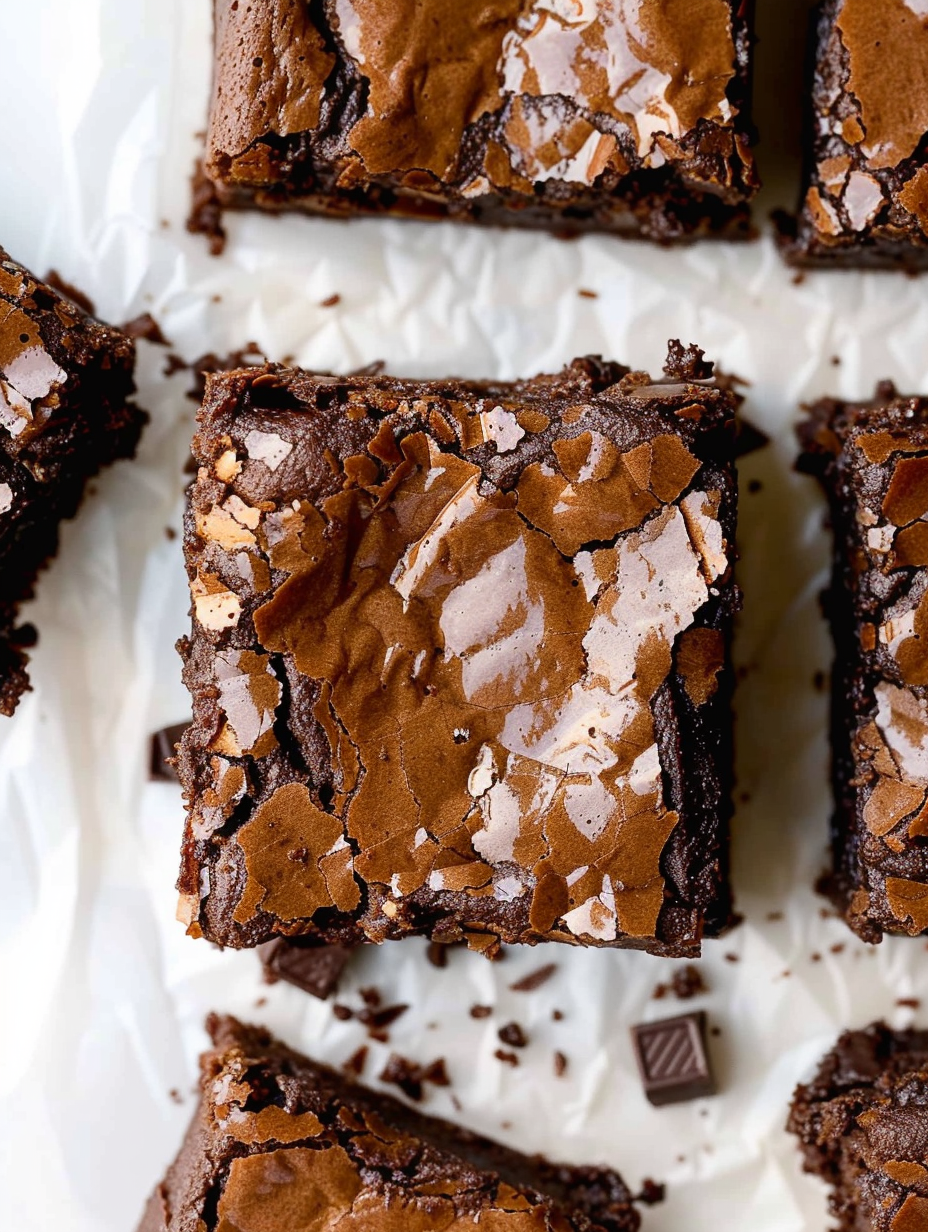 A pan of glossy cocoa fudge brownies with a crackly top